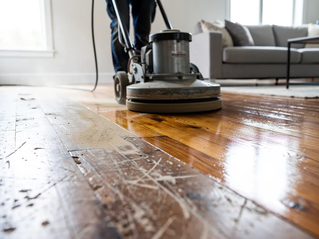 Technician sanding and refinishing a hardwood floor with a buffing machine