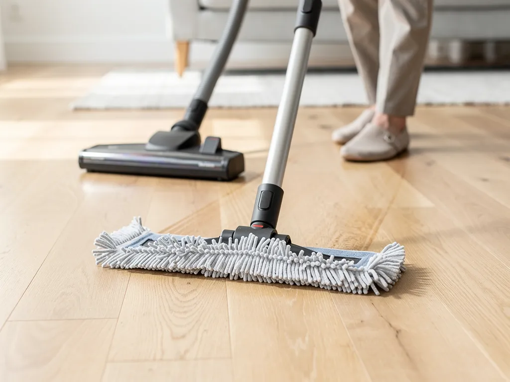 Person using a microfiber dust mop to sweep a hardwood living room floor
