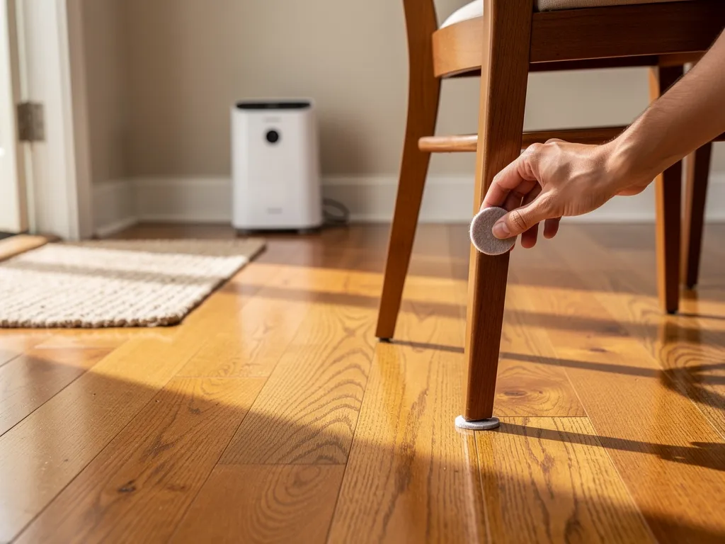 Felt furniture pads being attached to the legs of a wooden chair on a hardwood