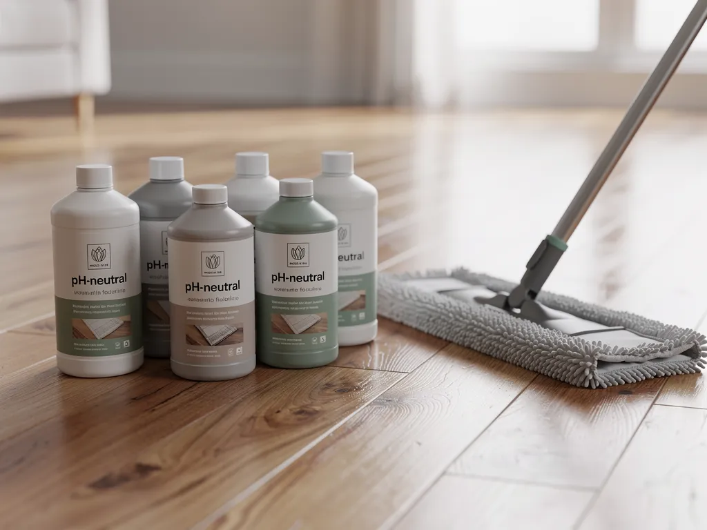 Bottle of pH-neutral wood floor cleaner next to a soft cleaning cloth