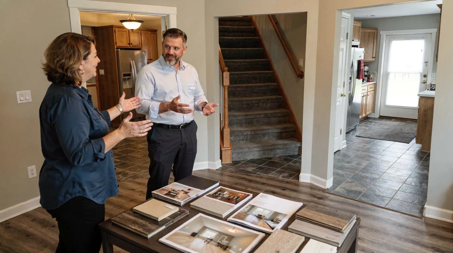 Homeowner and flooring specialist discussing material options during in-home flooring estimate.
