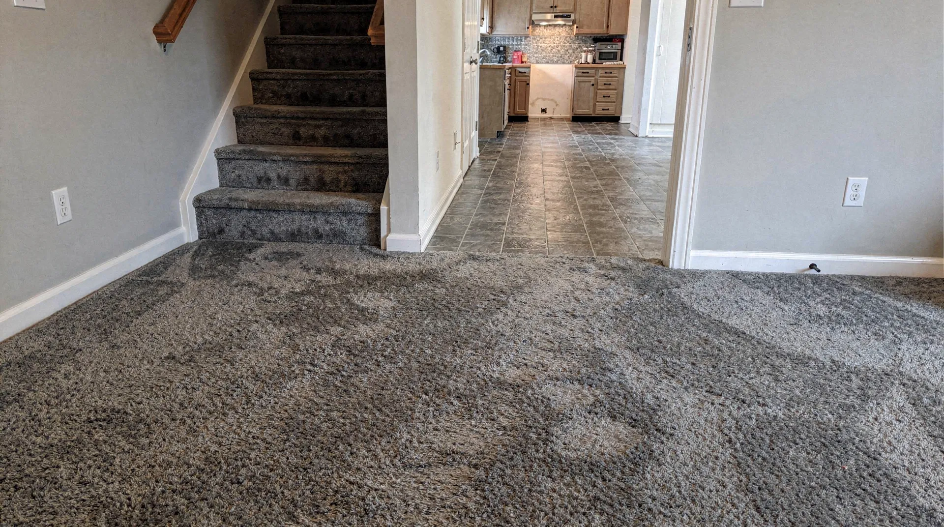 Gray carpet flooring in a home hallway and staircase, demonstrating durability for high-traffic areas.