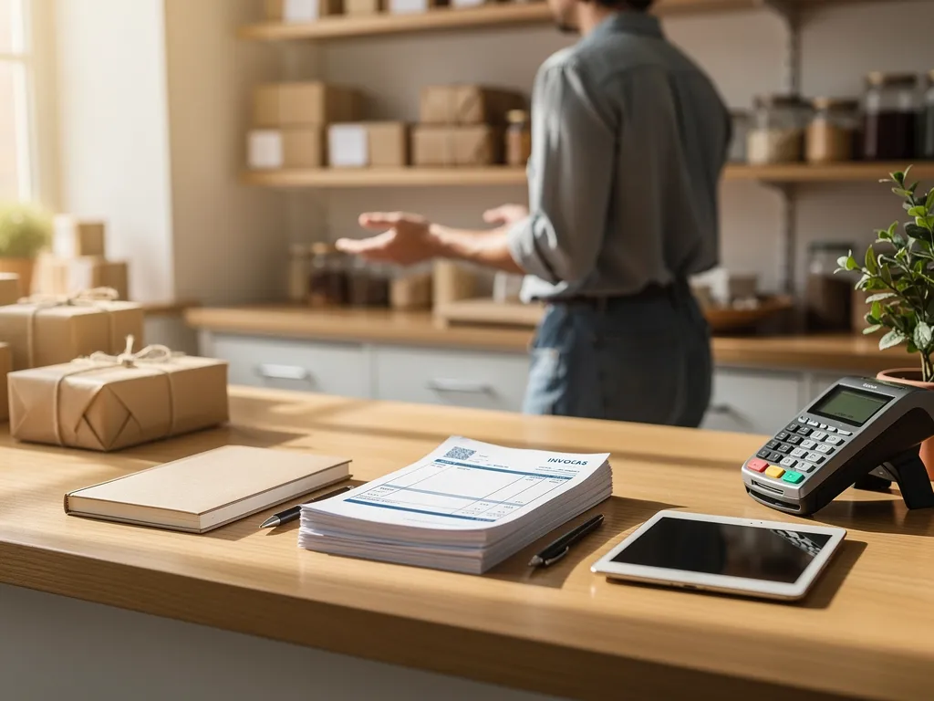 Small business owner reviewing organized invoices and cash flow records