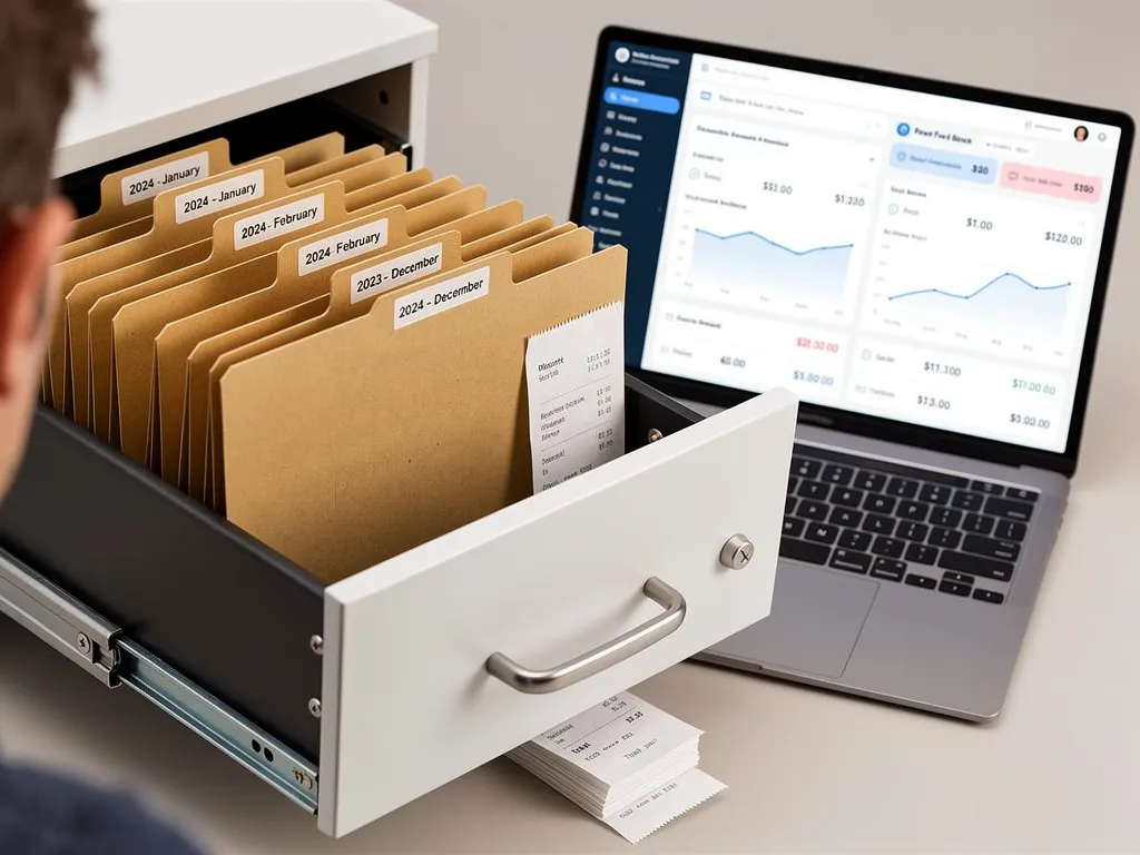 Organized folder system with labeled digital receipt files by month