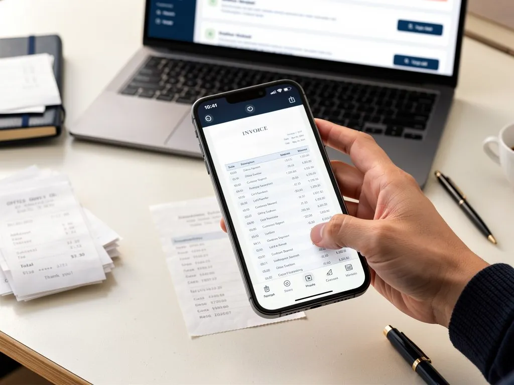 Hand photographing a paper receipt with a smartphone for digital filing