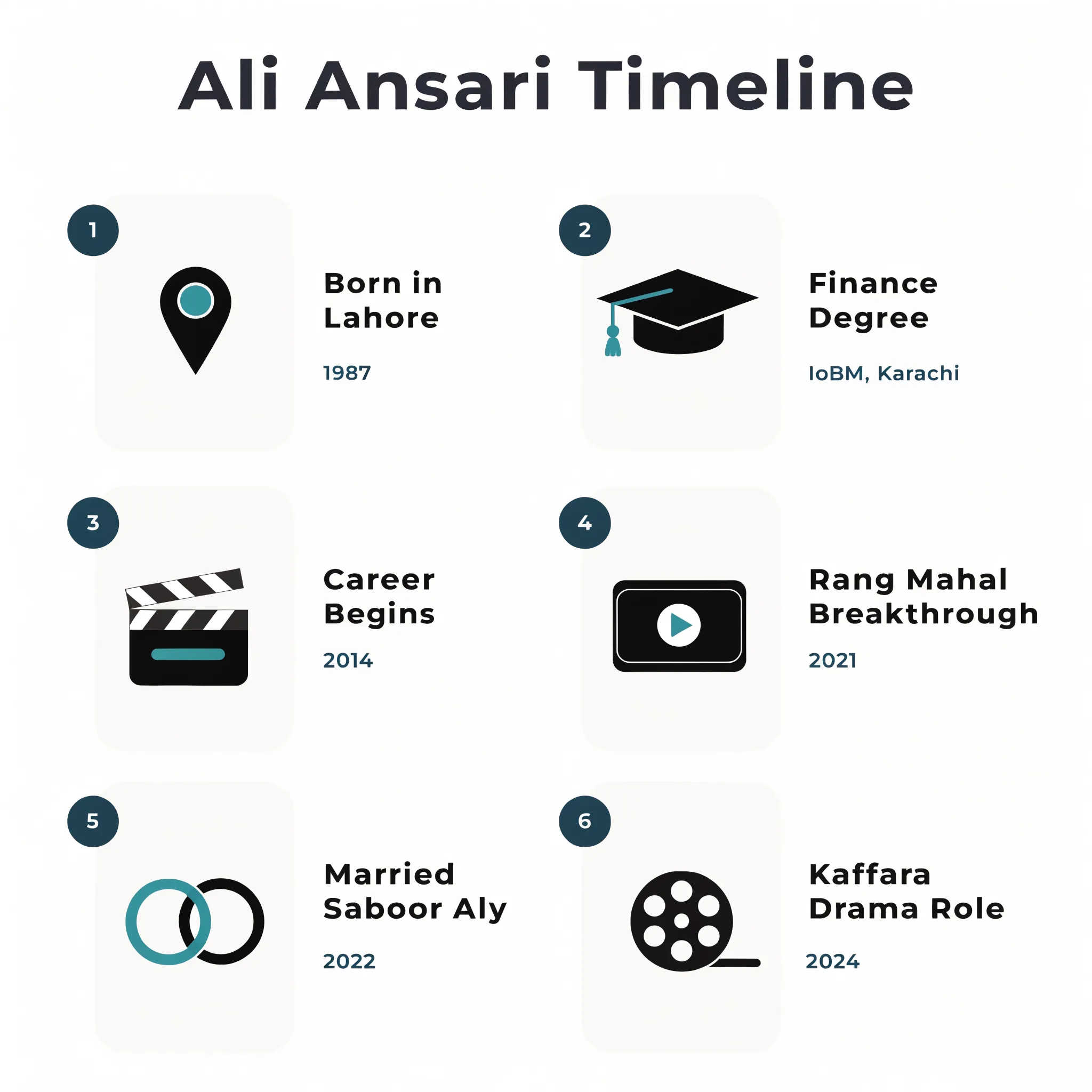 Ali Ansari career and life timeline infographic with six milestones