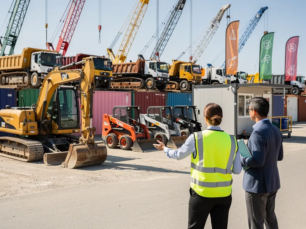 Excavator, crane, and fleet vehicles lined up on a construction site representing equipment financing options