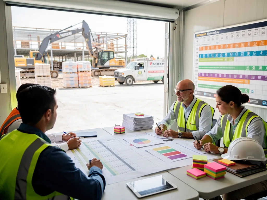 Contractor reviewing invoices and payroll schedule to manage cash flow between milestone payments