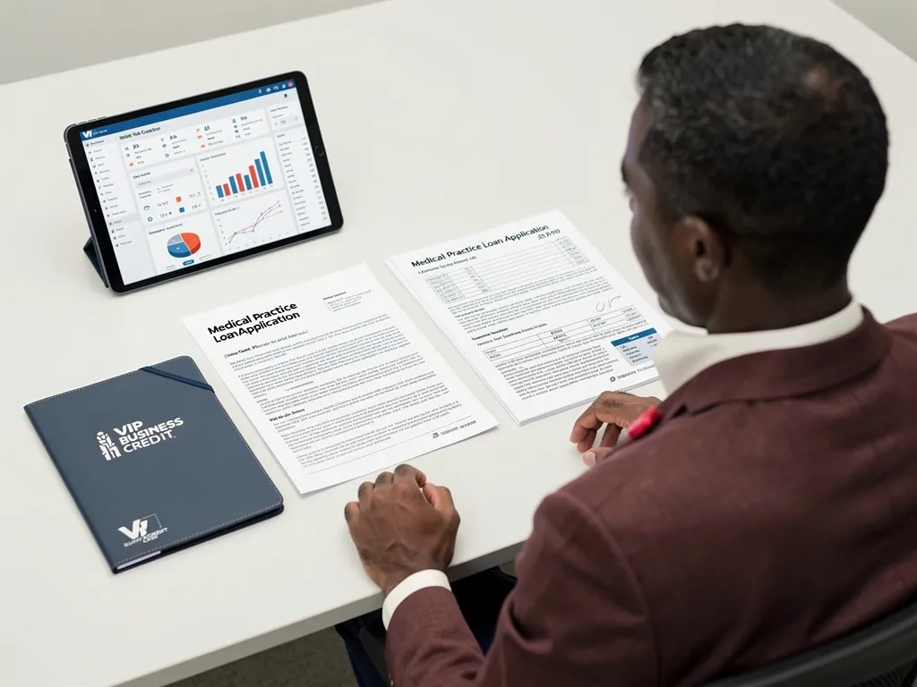 Physician reviewing financial documents and credit profile for loan qualification