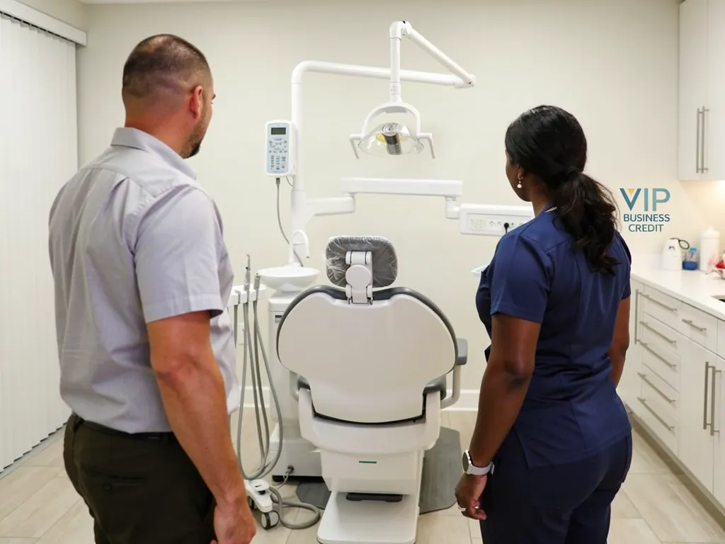 Dentist reviewing imaging equipment and treatment chair financing options