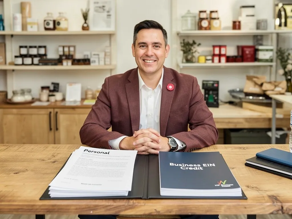 Small business owner filing EIN-based credit paperwork separate from personal accounts