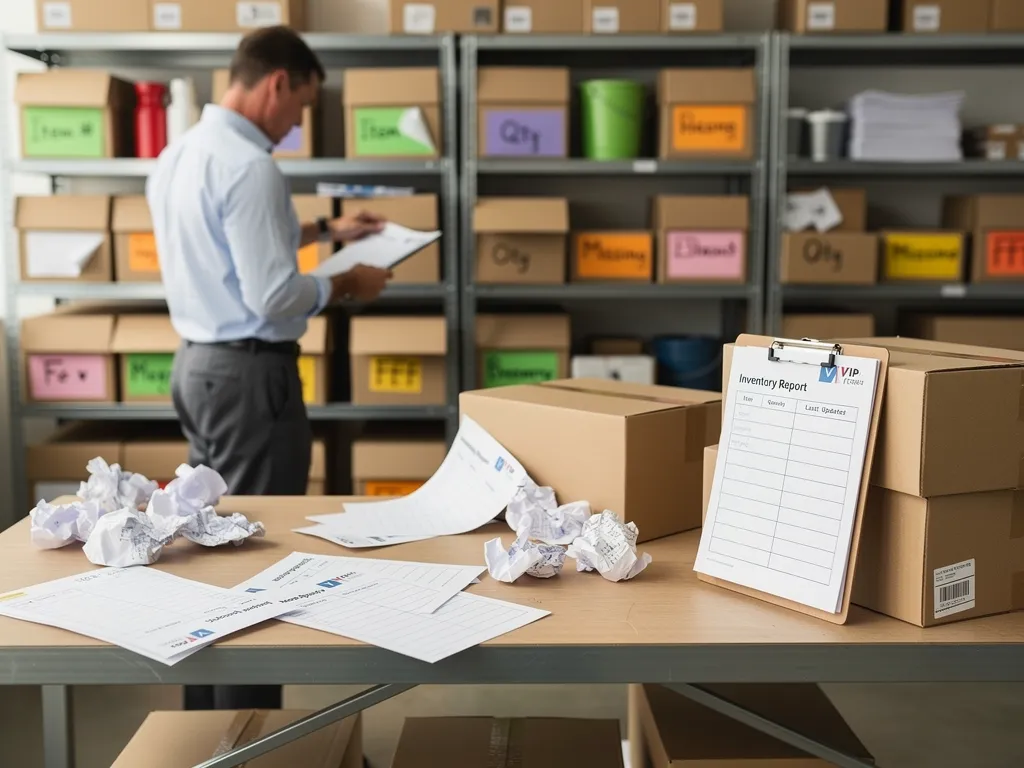 Disorganized stockroom shelves with mismatched inventory records and paperwork