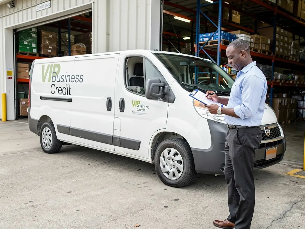 Business owner reviewing equipment credit line and credit-building program paperwork