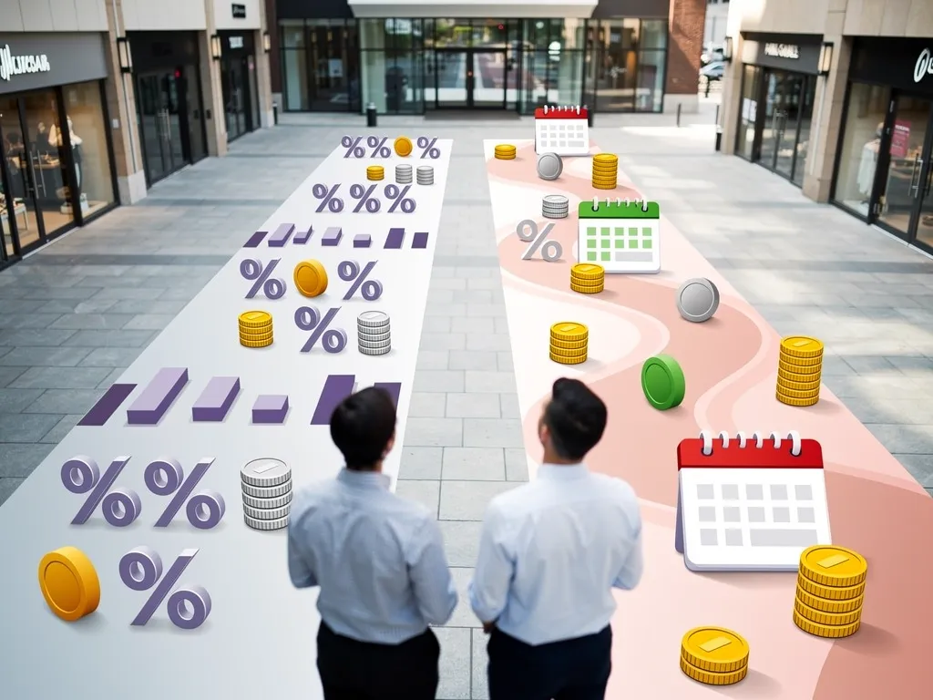 Advisor and business owner comparing loan rate and repayment term documents