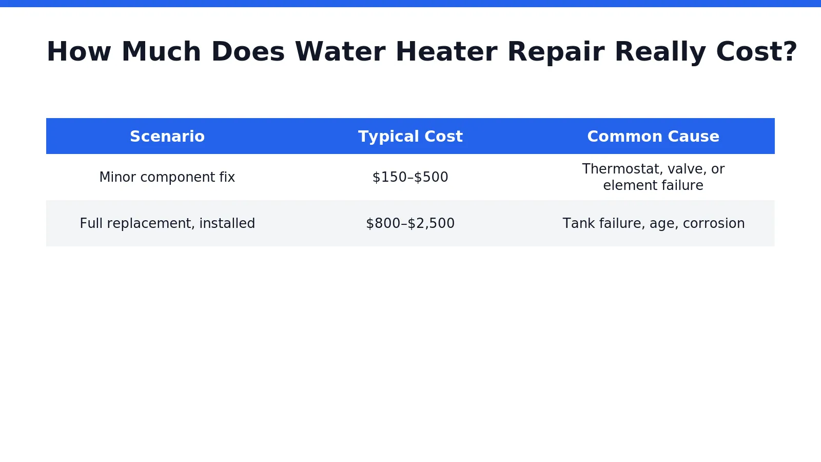 Repair costs for a failing water heater typically range from $150 to pricing varies depending