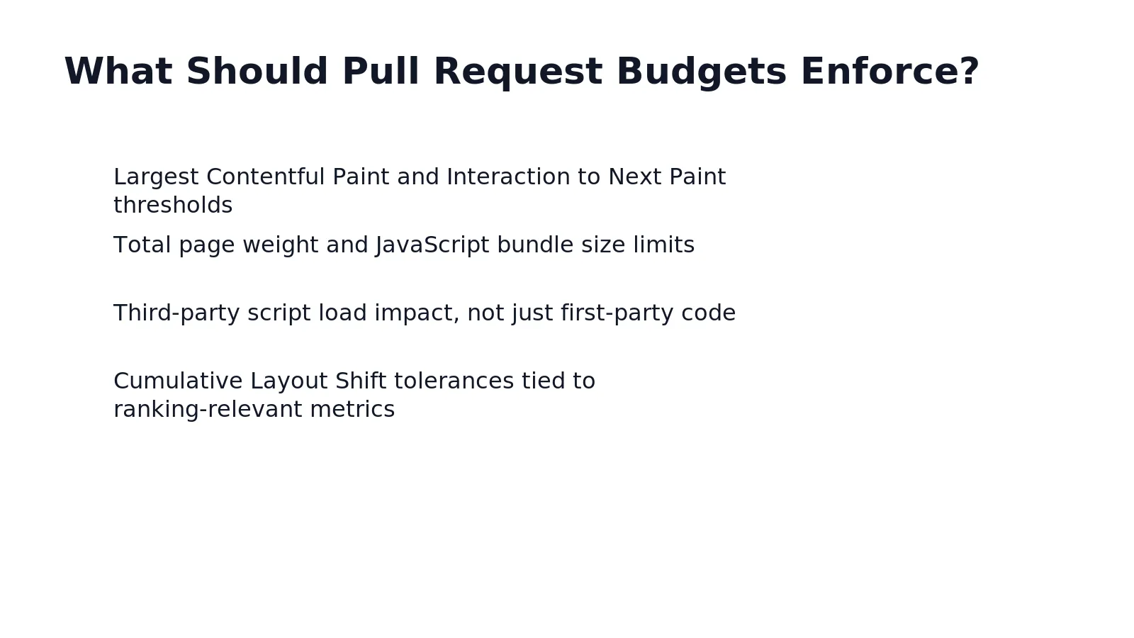 Pull request budgets should enforce hard limits on load time, page weight, and Core Web