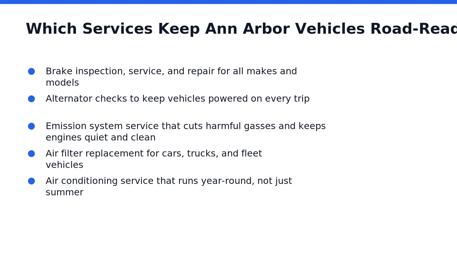 Five core services keep Ann Arbor vehicles running strong: brakes, alternator checks, emission systems, air