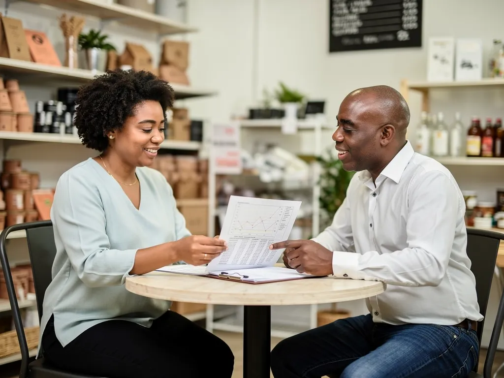 Business credit advisor consulting with a small business owner over paperwork