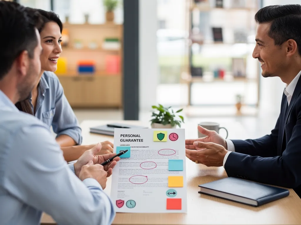 Business owner and advisor reviewing negotiable terms in a loan guarantee document