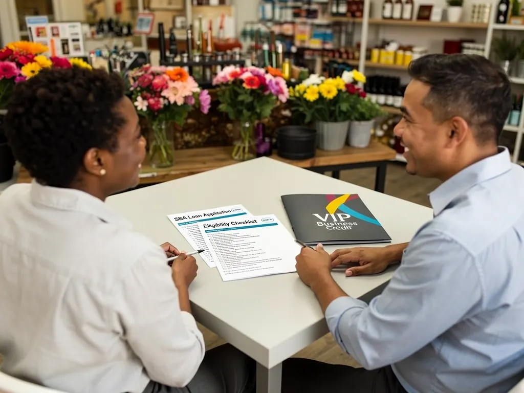 Small business owner comparing SBA loan paperwork with an advisor