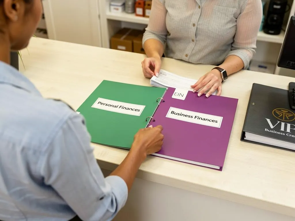 Business owner separating personal and business finance documents under an EIN