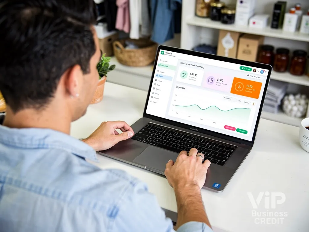 Business owner viewing connected operations and financial dashboards on a laptop