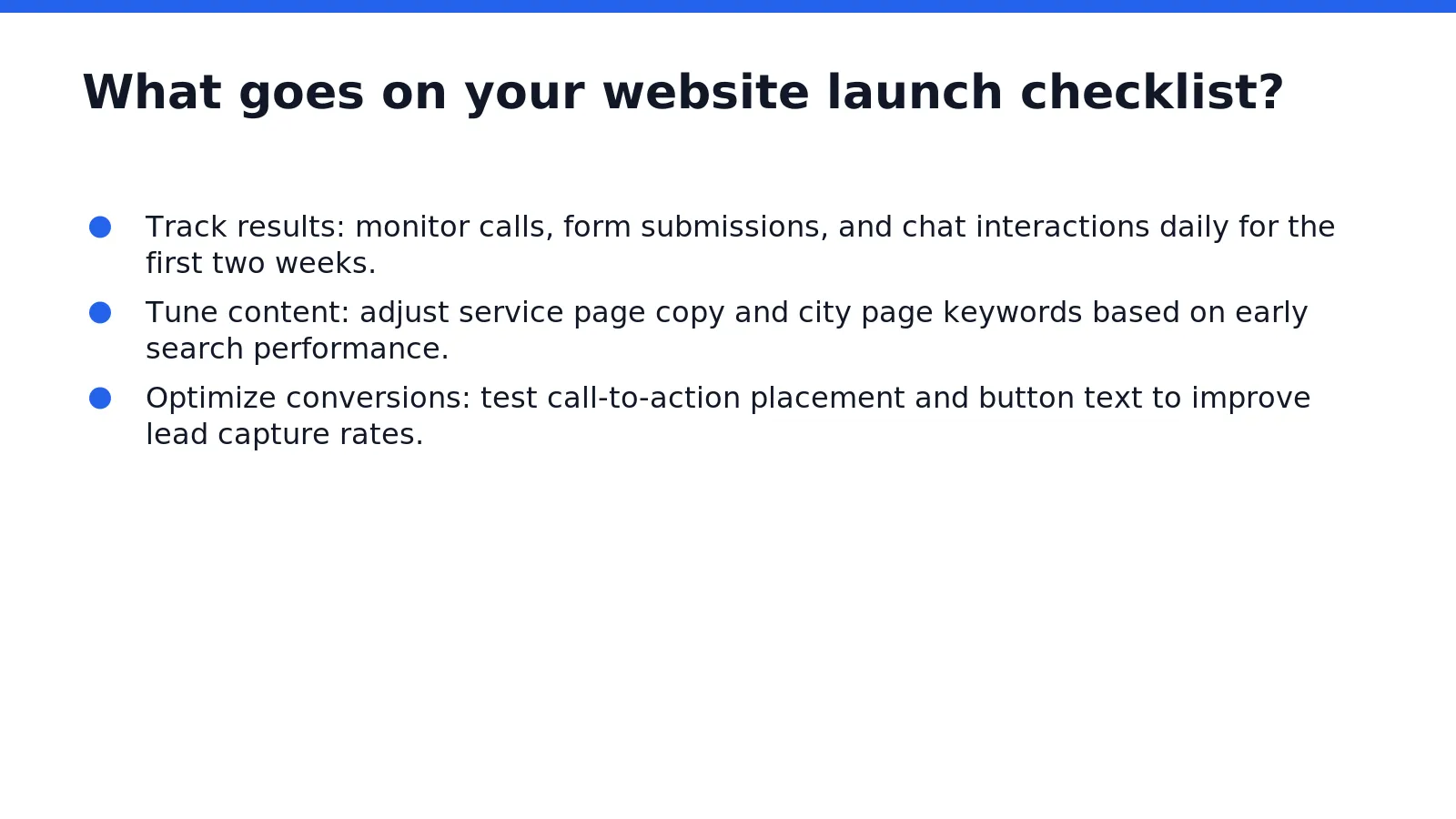 A website launch checklist ensures the site goes live with every essential piece in place