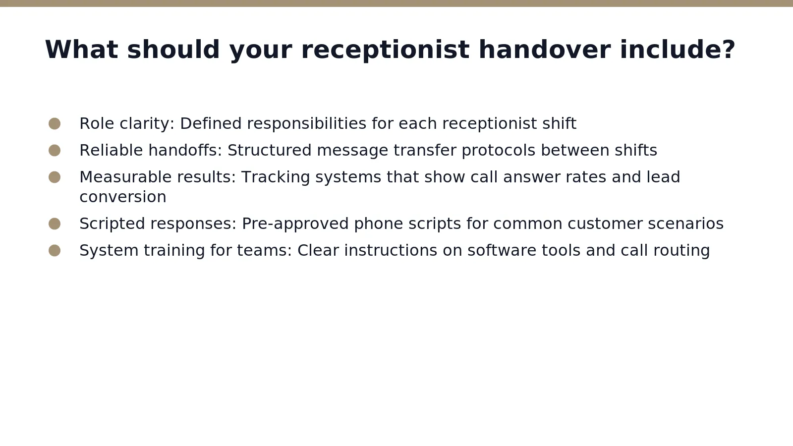 A proper receptionist handover requires role clarity, reliable handoffs, and measurable results so every receptionist