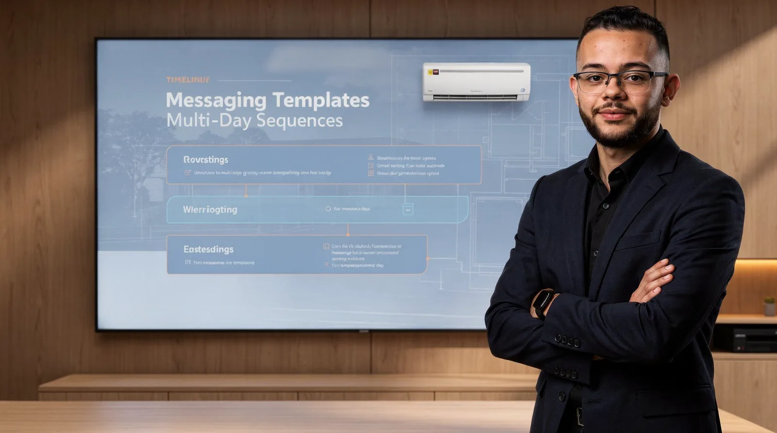A pre-made template provides a ready-to-send message for common situations like estimate follow-ups or job