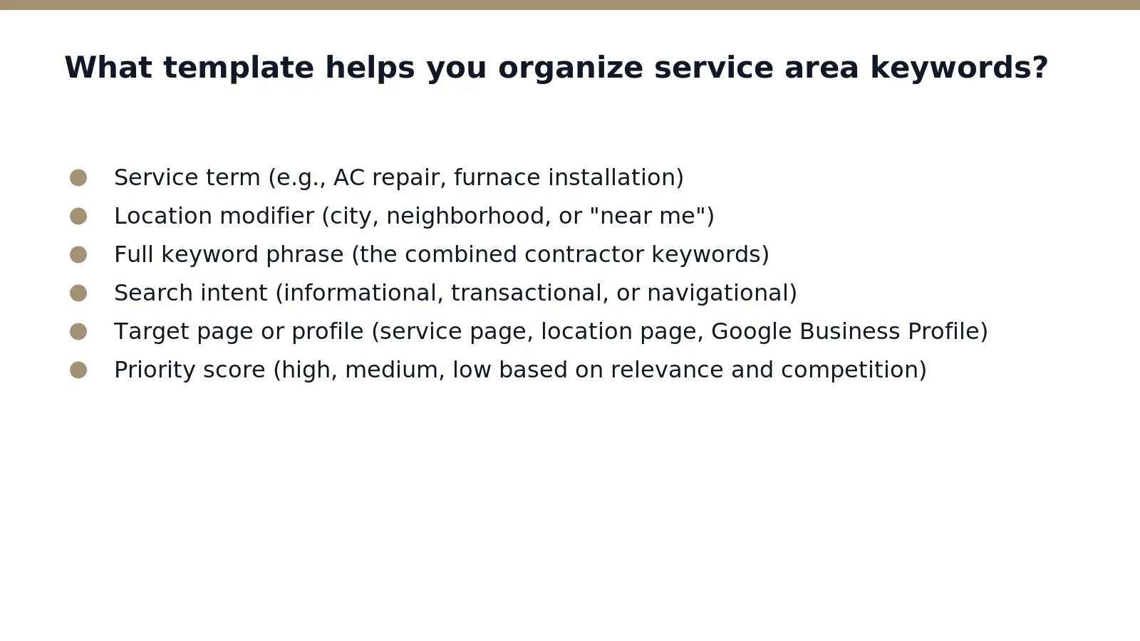 A free template helps contractors organize service area keywords by combining service terms with city