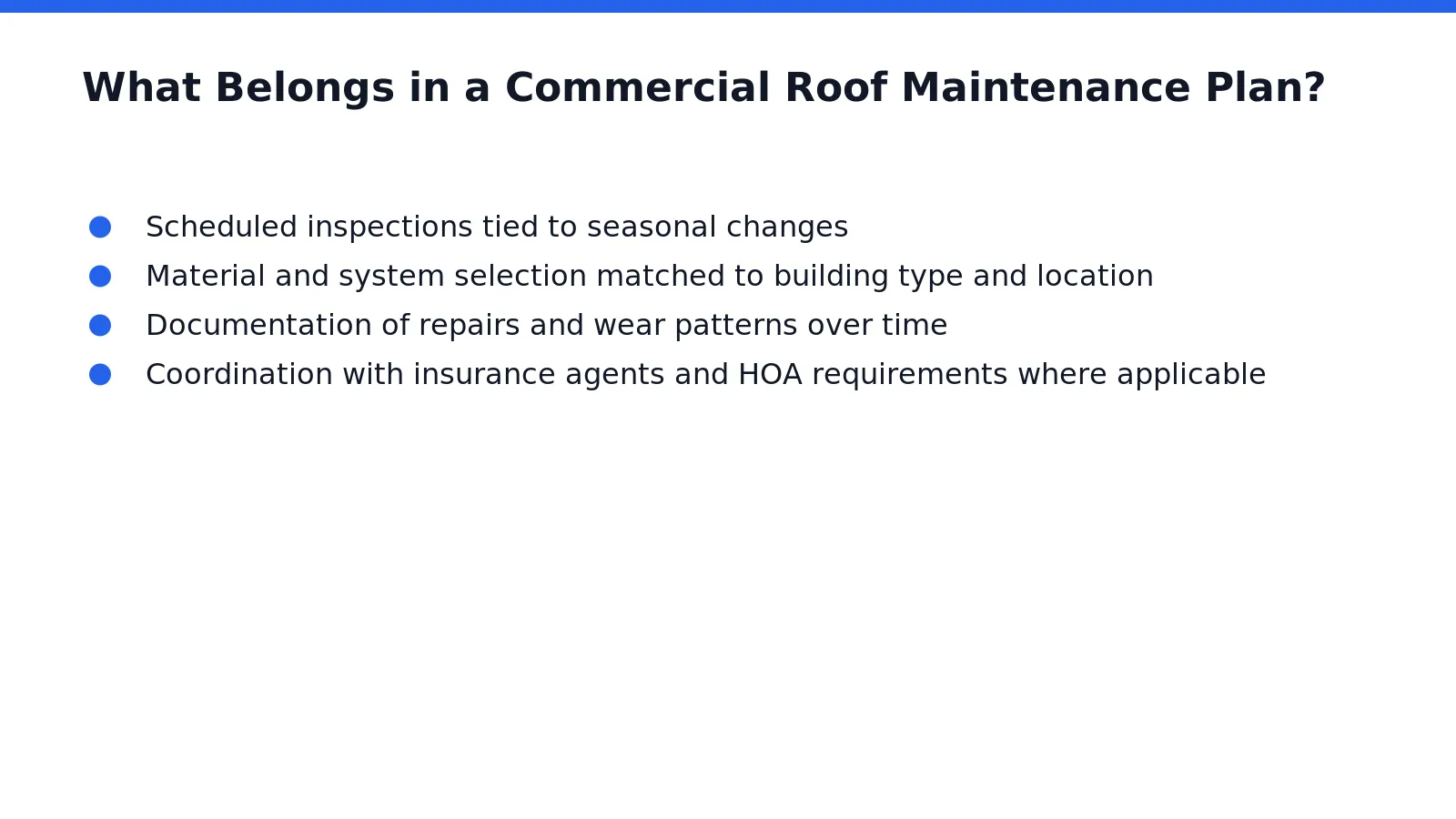 A complete plan starts with the roofing system itself, not just a repair schedule. Choosing