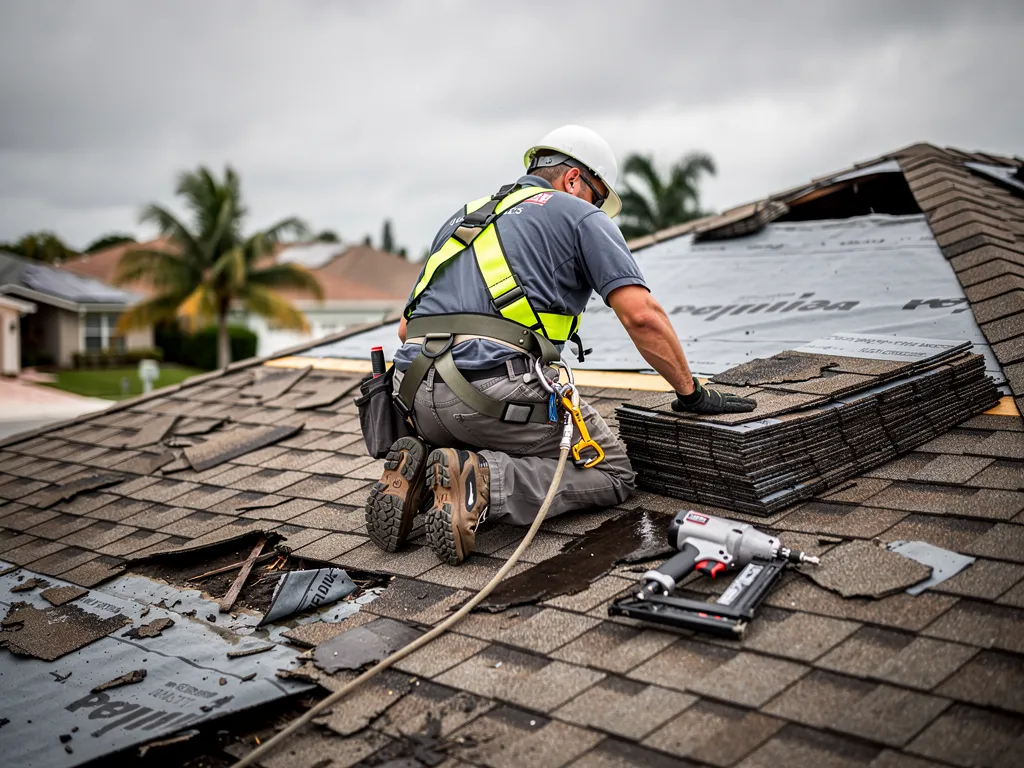 Roofing contractor in safety gear repairing storm-damaged residential roof