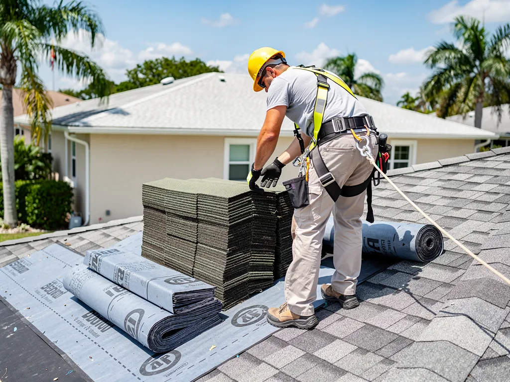 Roofer wearing safety helmet inspecting roofing materials on a residential roof