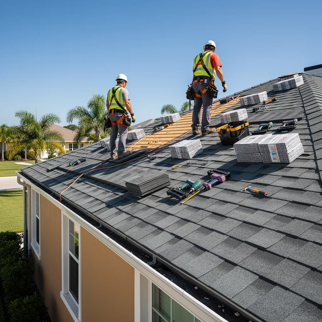 Roofing crew installing new residential roof wearing safety helmets and harnesses