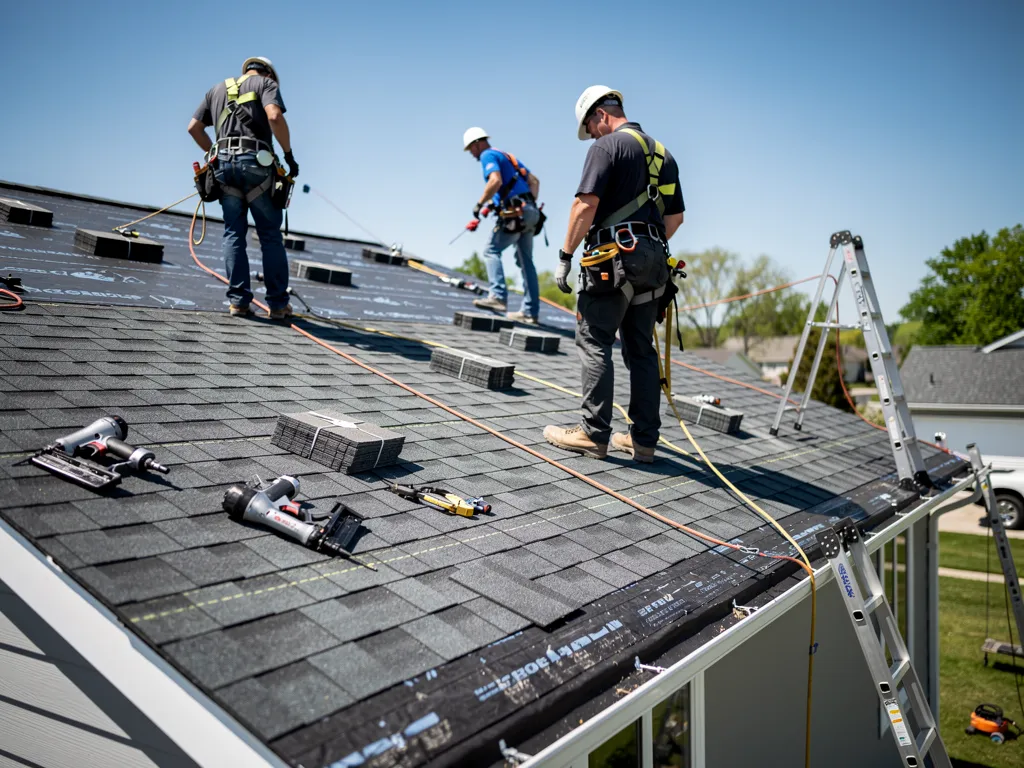 Roofing crew in helmets and harnesses completing a residential roof replacement