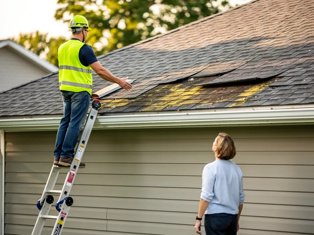 Roofing contractor in safety gear discussing repair plans with a homeowner