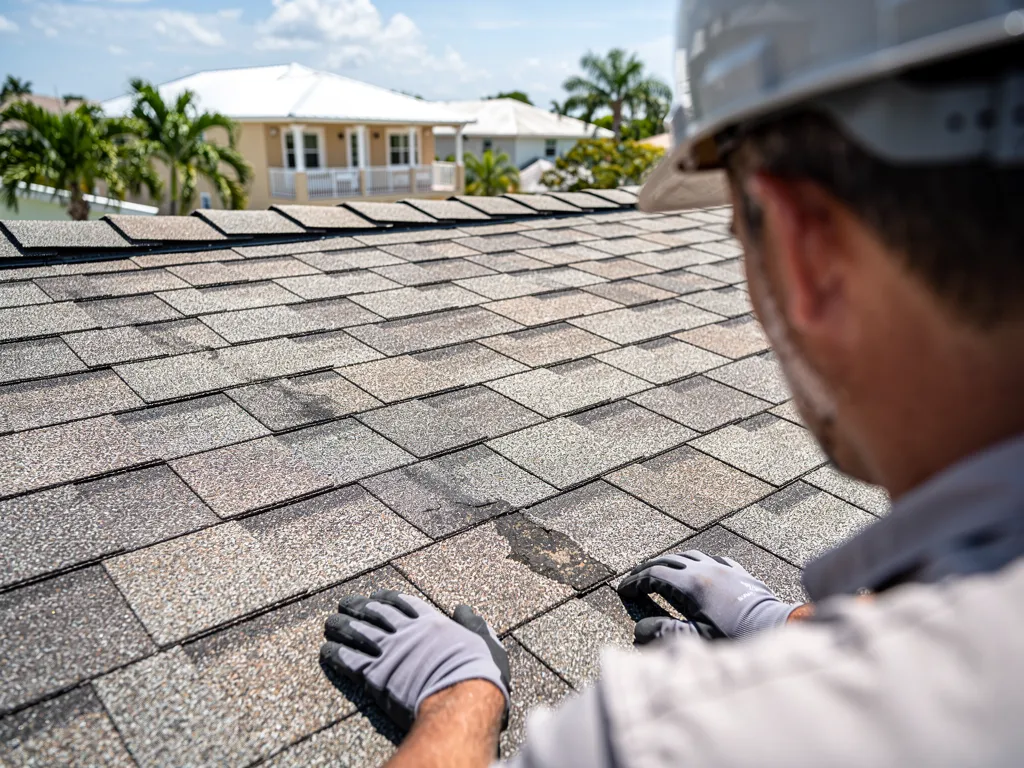 Licensed roofer in hard hat inspecting shingles on a residential roof