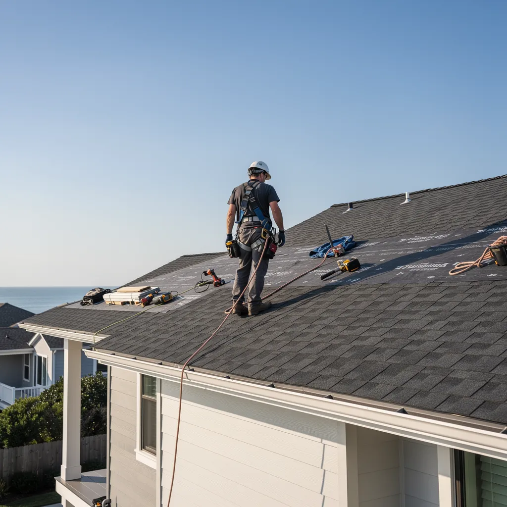 Roofer in safety helmet and harness replacing a residential shingle roof