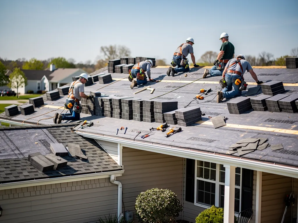 Roofing crew in helmets replacing shingles on a residential roof