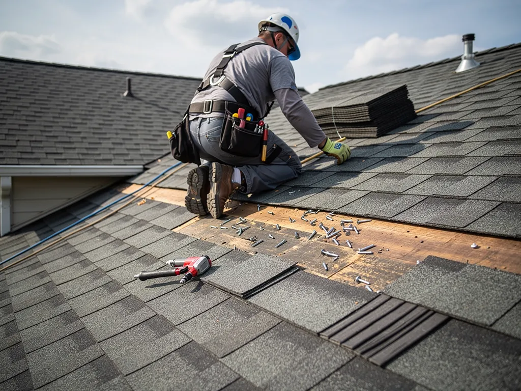 Roofer wearing a safety helmet repairing residential shingles