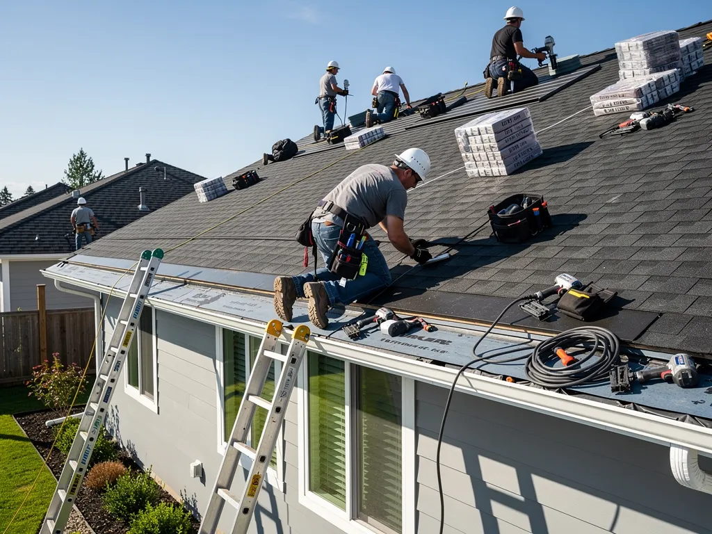 Roofing crew in safety helmets installing a new residential roof