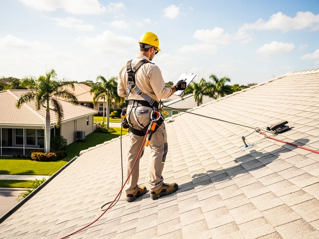 Roofer in a safety helmet examining a residential roof for an inspection