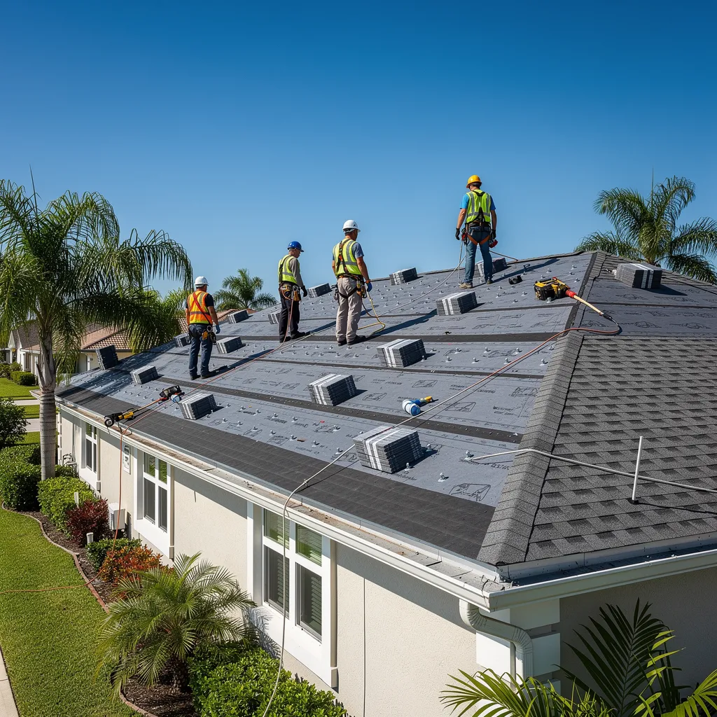 Roofing crew in safety helmets installing shingles on a home