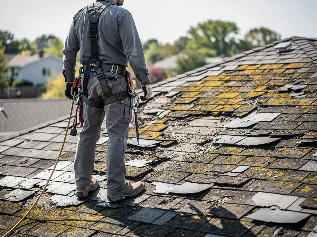 Roofer in safety harness and helmet assessing an aging residential roof nearing replacement