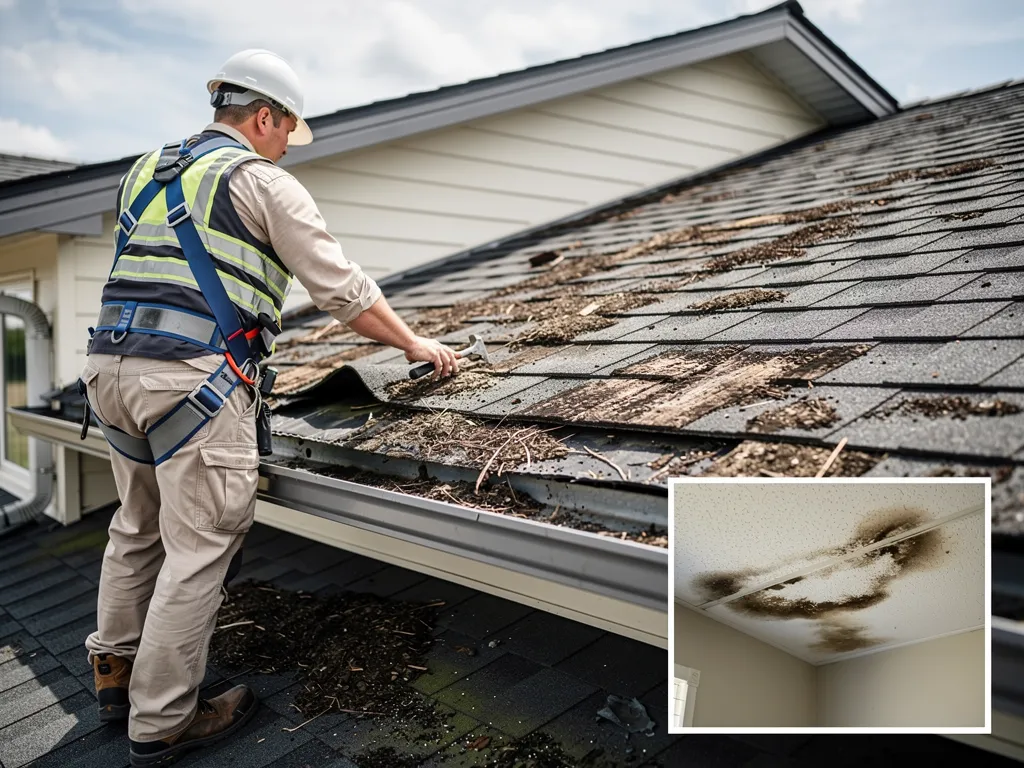 Roofer in helmet inspecting water stains and roof granules during residential inspection