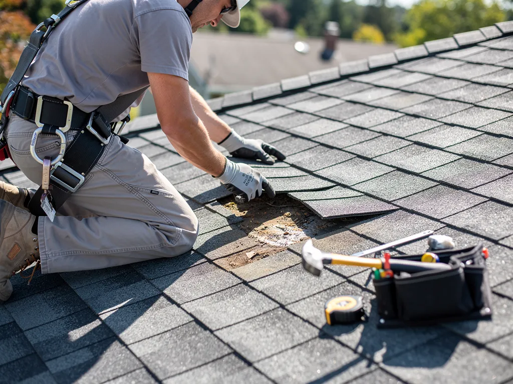 Roofer wearing safety helmet inspecting residential roof shingles