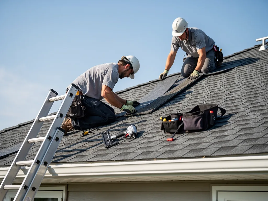 Roofers wearing helmets installing new residential roof shingles