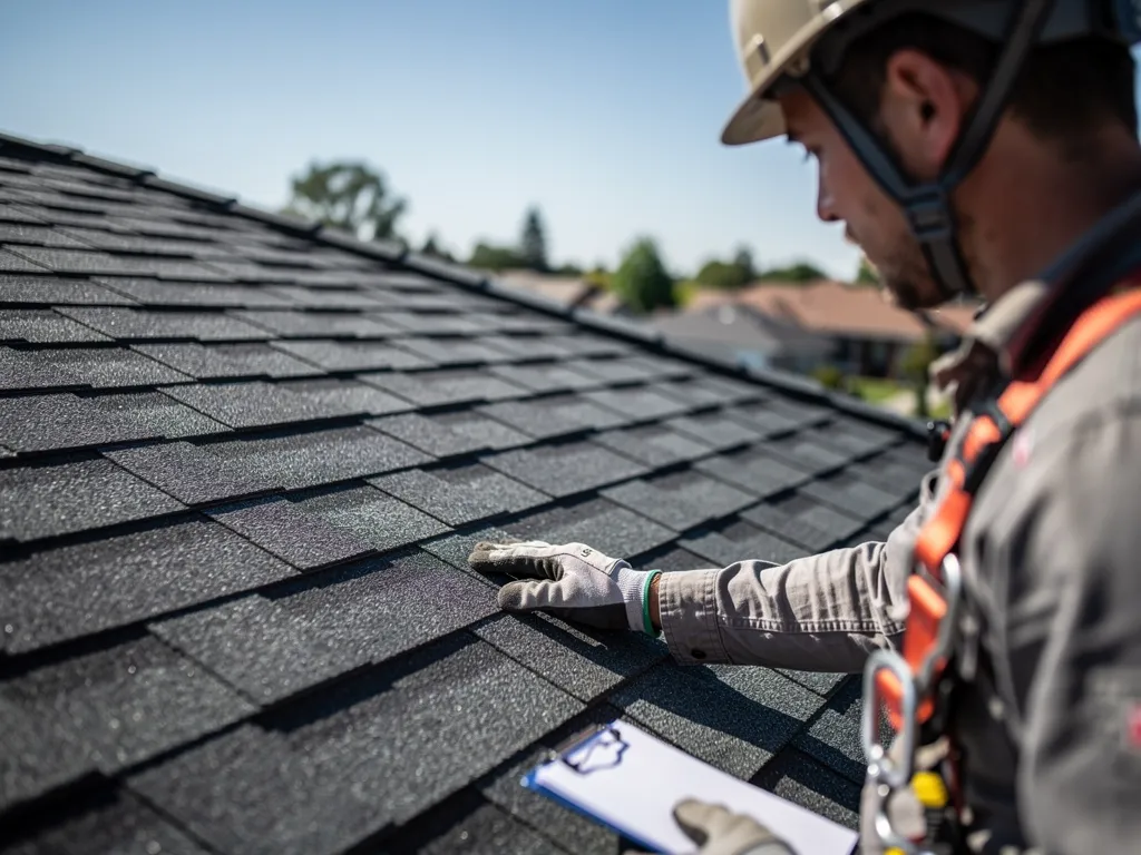 Roofer inspecting residential shingle roof wearing safety harness and helmet