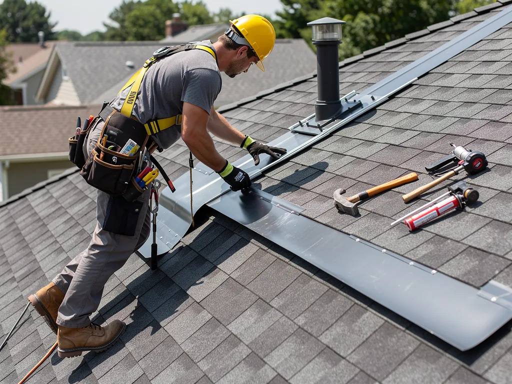 Roofing technician repairing residential roof flashing with safety equipment
