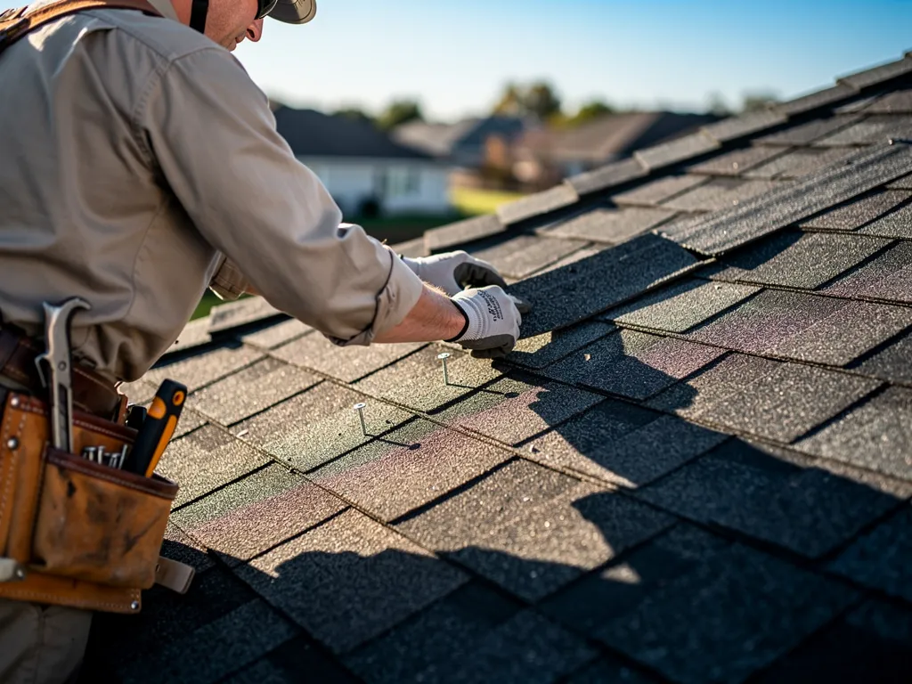 Roofer wearing safety helmet replacing residential shingles